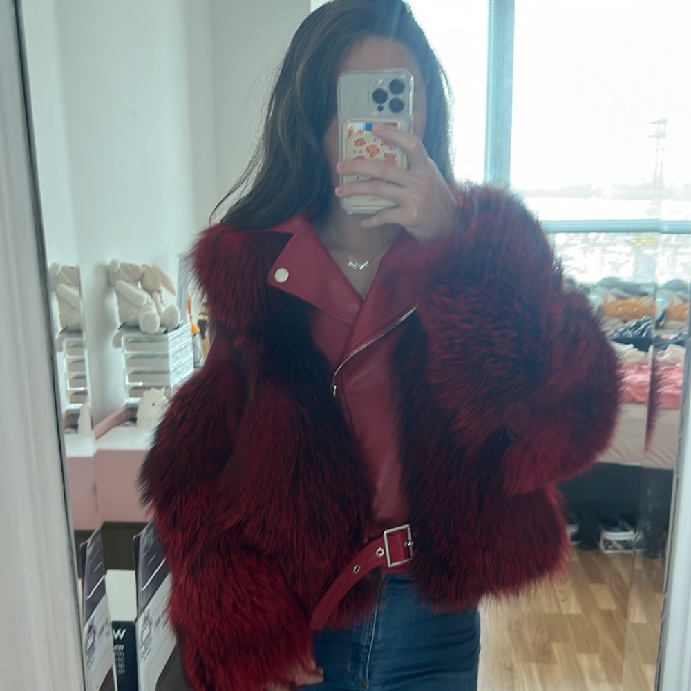 Like New Diana Roosh Bright Red Fox Fur Sheep Skin Leather Jacket Fur Coat View 4